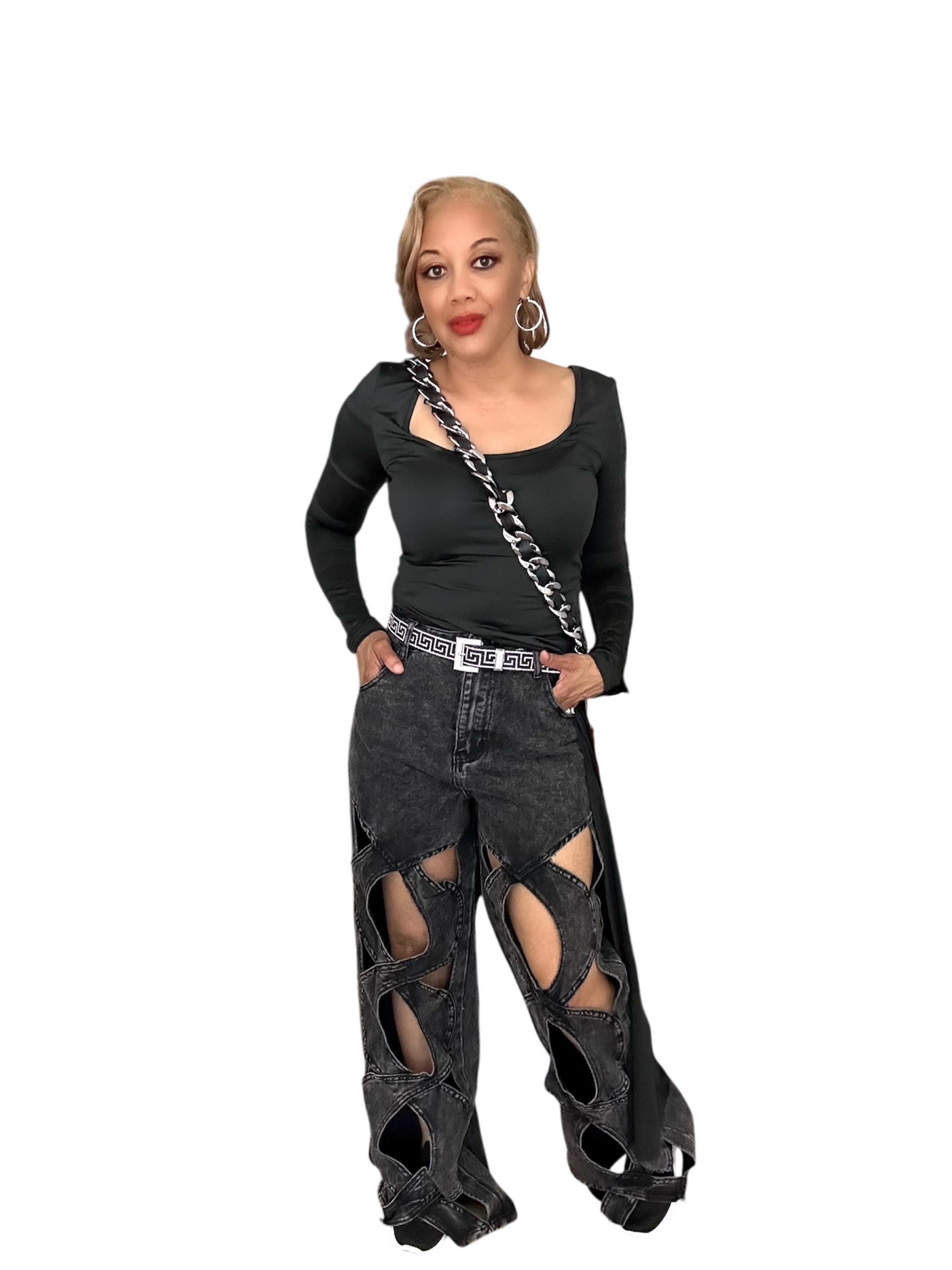 Cutout Crush Black Wash Denim Jeans